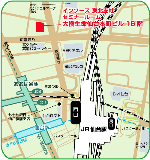 地図：インソース　東北支社　セミナールーム　大樹生命仙台本町ビル 16階