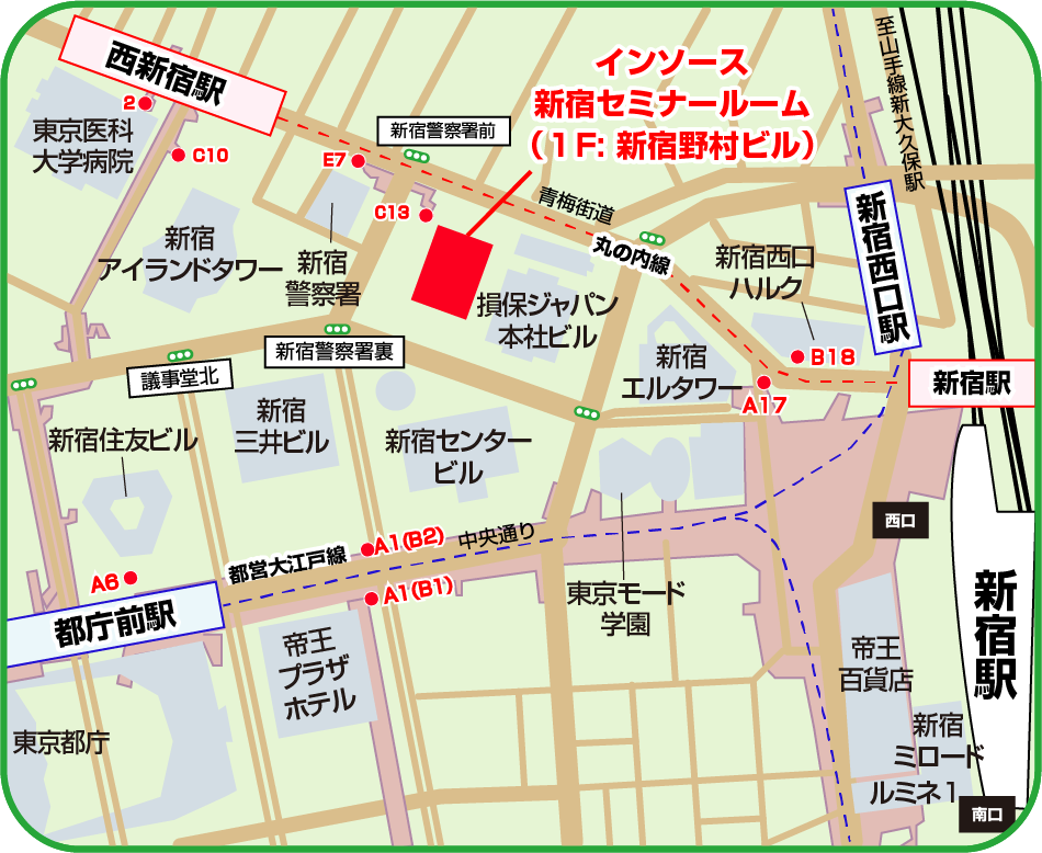地図：インソース　新宿セミナールーム　東京都新宿区西新宿1-26-2 新宿野村ビル 14階