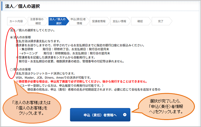 法人/個人と支払方法を選択する