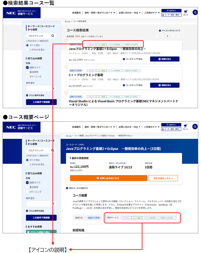 ●検索結果コース一覧　●コース概要ページ 【アイコンの説明】